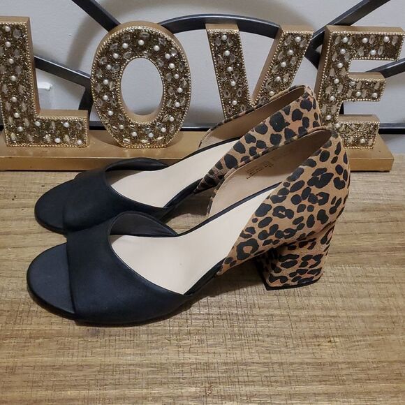 Antropologie Seychelles Shabby Chic Black Leopard Suede/Leather Block Heel Sz 10 - Picture 5 of 11
